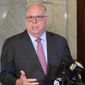 FILE - Maryland Gov. Larry Hogan talks to reporters, April, 4, 2022. Stunning new revelations about former President Donald Trump&#39;s fight to overturn the 2020 election have exposed growing political vulnerabilities just as he eyes another presidential bid. (AP Photo/Brian Witte, File)
