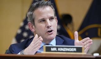 FILE - Rep. Adam Kinzinger, R-Ill., speaks as the House select committee investigating the Jan. 6 attack on the U.S. Capitol continues to reveal its findings of a year-long investigation, at the Capitol in Washington, June 23, 2022. (AP Photo/Jacquelyn Martin, File)