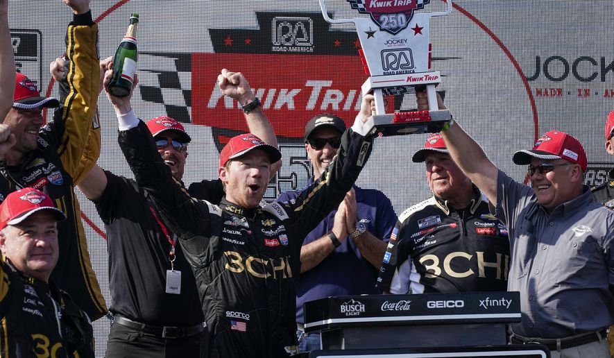 Tyler Reddick reacts after winning the Kwik Trip 250 after a NASCAR Cup Series auto race Sunday, July 3, 2022, at Road America in Elkhart Lake, Wis. (AP Photo/Morry Gash) **FILE**