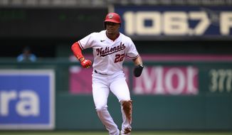 Washington Nationals&#39; Juan Soto takes a lead from second during the first inning of a baseball game against the Miami Marlins, Sunday, July 3, 2022, in Washington. (AP Photo/Nick Wass) **FILE**