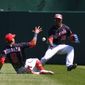 Washington Nationals second baseman Ehire Adrianza (5) and centerfielder Victor Robles (16) trying to make a catch on Miami Marlins shortstop Miguel Rojas’ (11) pop-fly single during the 1st inning at Nationals Park in Washington D.C., July 4, 2022. (Photo by All-Pro Reels)