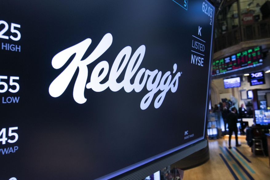 The logo for Kellogg's appears above a trading post on the floor of the New York Stock Exchange, Oct. 29, 2019. (AP Photo/Richard Drew, File)