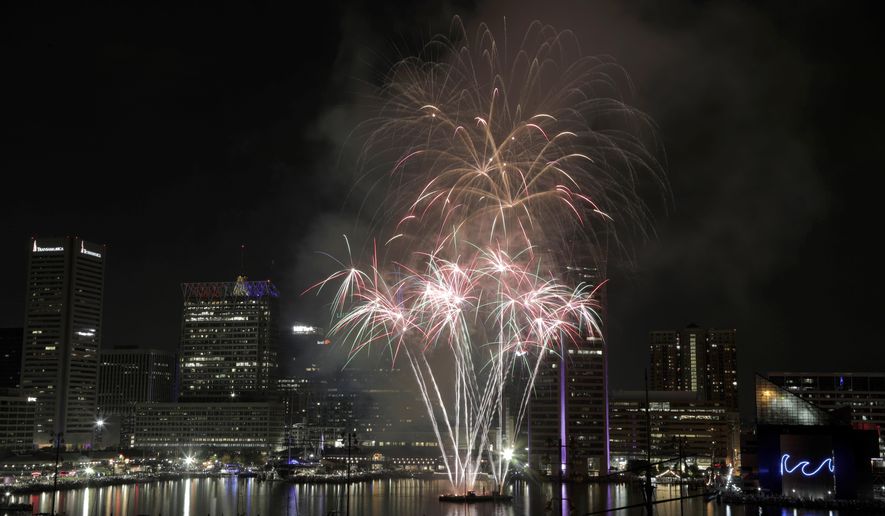 Fireworks explode over Baltimore&#39;s Inner Harbor during the Ports America Chesapeake 4th of July Celebration, Thursday, July 4, 2019, in Baltimore. The city of Baltimore is resuming its Independence Day celebrations after a two-year hiatus. (AP Photo/Julio Cortez, File)