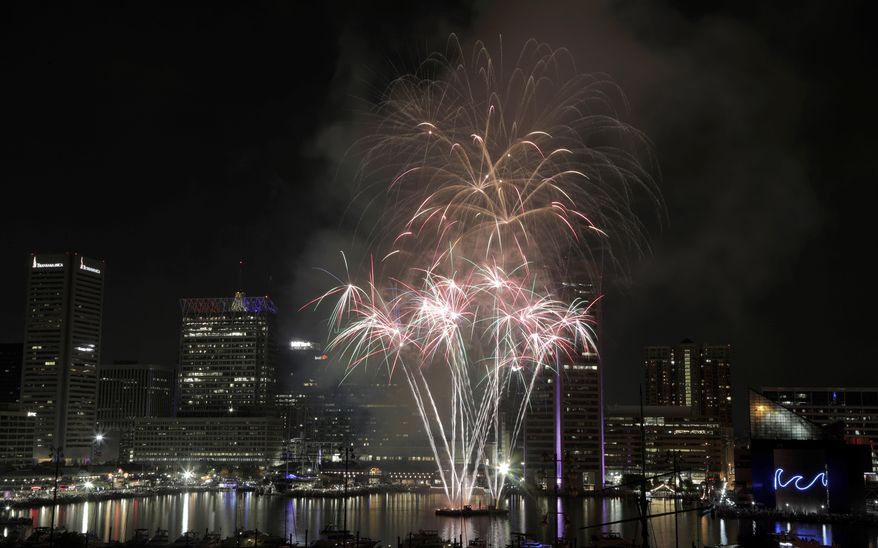 Fireworks explode over Baltimore's Inner Harbor during the Ports America Chesapeake 4th of July Celebration, Thursday, July 4, 2019, in Baltimore. The city of Baltimore is resuming its Independence Day celebrations after a two-year hiatus. (AP Photo/Julio Cortez, File)
