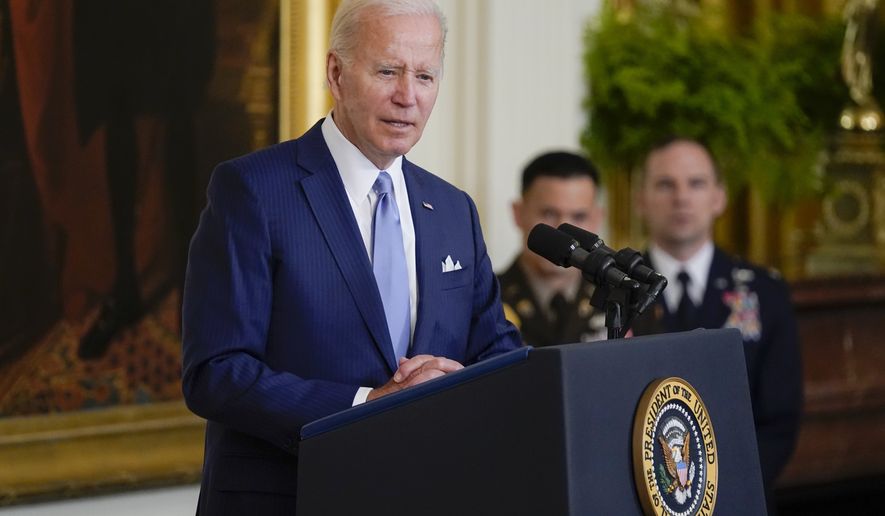 President Joe Biden speaks during a Medal of Honor ceremony in the East Room of the White House, Tuesday, July 5, 2022, in Washington. (AP Photo/Evan Vucci)