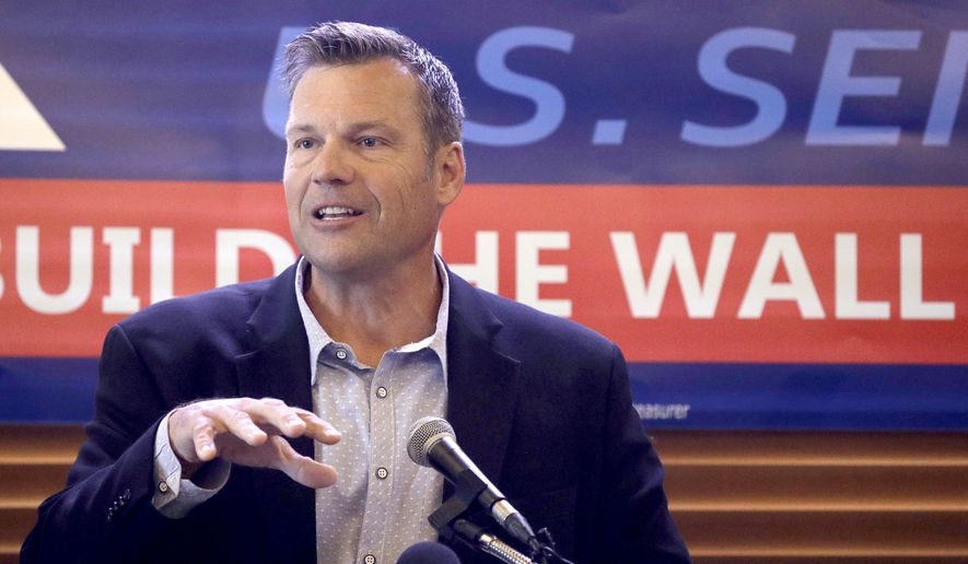 Former Kansas Secretary of State Kris Kobach speaks in Leavenworth, Kan., on July 8, 2019. Kansas voters have said no to Kobach twice over the past four years., but the immigration hard-liner is pursuing a political comeback. Kobach is running for Kansas attorney general after losing a general election for governor in 2018 and a Republican primary for the U.S. Senate in 2020. (AP Photo/Charlie Riedel, File)