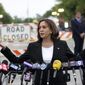 Vice president Kamala Harris speaks to those gathered near the site of Monday&#39;s mass shooting during the Highland Park July 4th parade Tuesday, July 5, 2022, in Highland Park, Ill. (AP Photo/Charles Rex Arbogast)