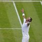 Spain&#39;s Rafael Nadal celebrates after beating Taylor Fritz of the US in a men&#39;s singles quarterfinal match on day ten of the Wimbledon tennis championships in London, Wednesday, July 6, 2022. (AP Photo/Gerald Herbert)