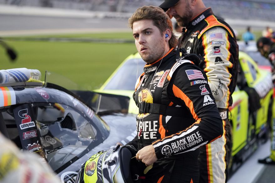 Noah Gragson prepares on pit road for the NASCAR Xfinity Series auto race at Daytona International Speedway, Friday, Aug. 27, 2021, in Daytona Beach, Fla.  The star Xfinity Series driver for JR Motorsports is in the spotlight again for all the wrong reasons: the poor choices he’s making on track that are slowing Gragson’s career progression. (AP Photo/John Raoux, File) **FILE**