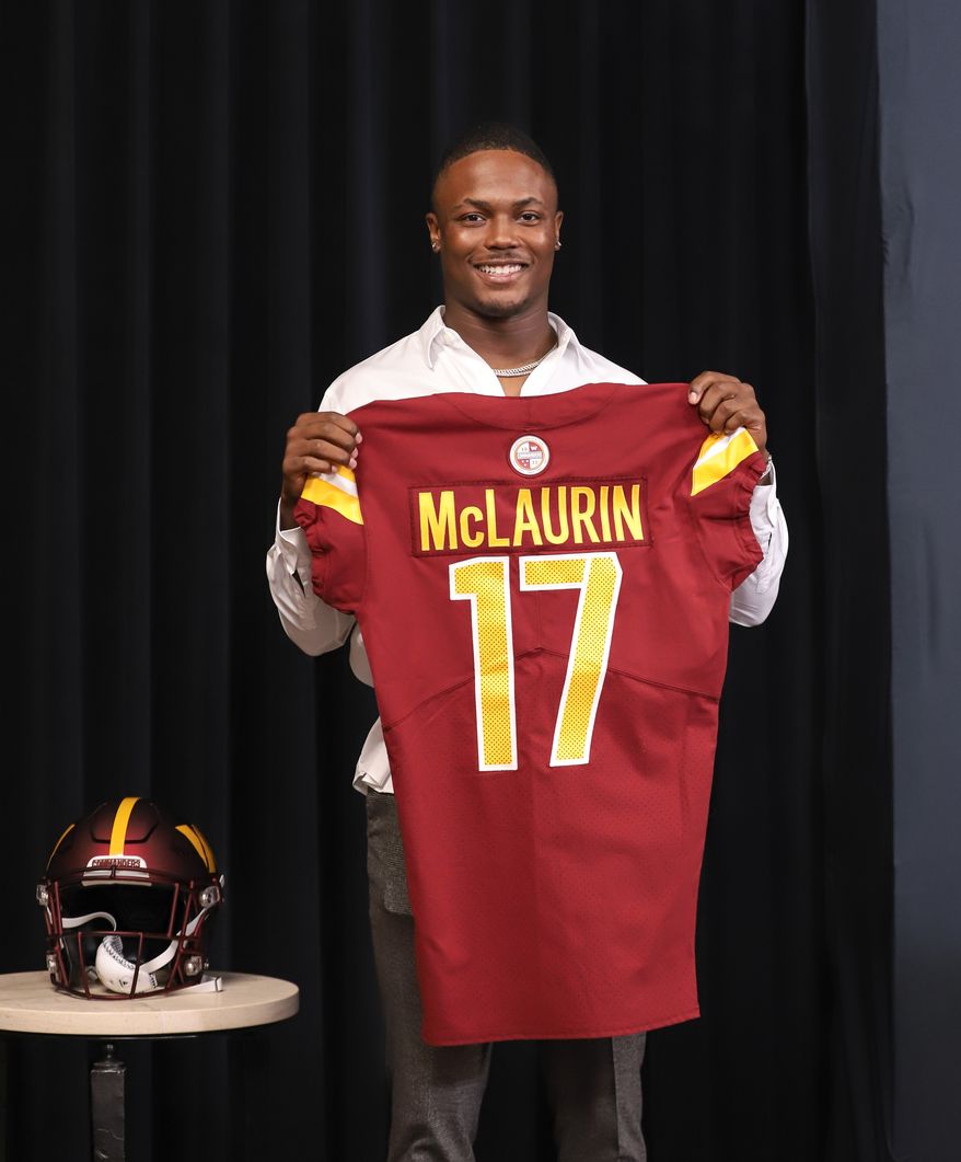 Wide Receiver Terry McLaurin holding up his jersey after the contact extension press conference at the Inova Sports and Performance Center in Ashburn, VA on July 6th 2022. (Photo: Alyssa Howell)