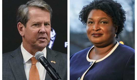 This combination of 2022 and 2021 photos shows Georgia Gov. Brian Kemp, left, and gubernatorial Democratic candidate Stacey Abrams. The Republican Kemp announced Wednesday, July 6, 2022, that his campaign committee had raised $3.8 million in the two months ended June 30. Abrams hasn&#39;t released June 30, 2022, numbers but raised more than $20 million between December and April. (AP Photo/Brynn Anderson, File)