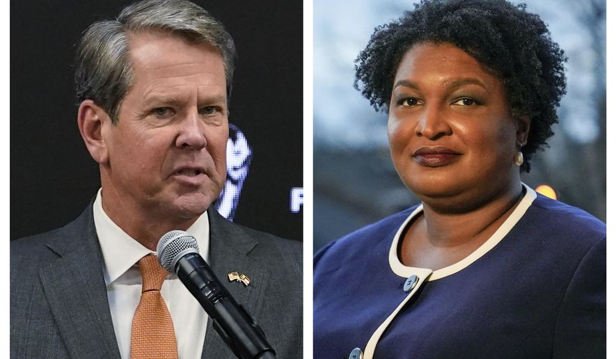 This combination of 2022 and 2021 photos shows Georgia Gov. Brian Kemp, left, and gubernatorial Democratic candidate Stacey Abrams. The Republican Kemp announced Wednesday, July 6, 2022, that his campaign committee had raised $3.8 million in the two months ended June 30. Abrams hasn&#x27;t released June 30, 2022, numbers but raised more than $20 million between December and April. (AP Photo/Brynn Anderson, File)