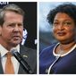 This combination of 2022 and 2021 photos shows Georgia Gov. Brian Kemp, left, and gubernatorial Democratic candidate Stacey Abrams. The Republican Kemp announced Wednesday, July 6, 2022, that his campaign committee had raised $3.8 million in the two months ended June 30. Abrams hasn&#39;t released June 30, 2022, numbers but raised more than $20 million between December and April. (AP Photo/Brynn Anderson, File)