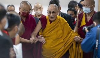 Tibetan spiritual leader the Dalai Lama arrives to inaugurate a museum containing the archives of the institution of the Dalai Lama in Dharmsala, India, Wednesday, July 6, 2022. Exile Tibetans also celebrated their spiritual leader&#39;s 87th birthday today. (AP Photo/Ashwini Bhatia)