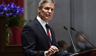 FILE - Tennessee Gov. Bill Lee delivers his State of the State address in the House Chamber of the Capitol building, Jan. 31, 2022, in Nashville, Tenn. Gov. Lee is refusing to rebut recently revealed remarks made by a charter school president who claimed that teachers “are trained in the dumbest parts of the dumbest colleges” during a reception the Republican attended. Instead, Lee on Wednesday, July 6, 2022 praised Tennessee’s educators and argued that the comments from Hillsdale College President Larry Arnn were criticizing “activism from the left.” (AP Photo/Mark Zaleski, file)