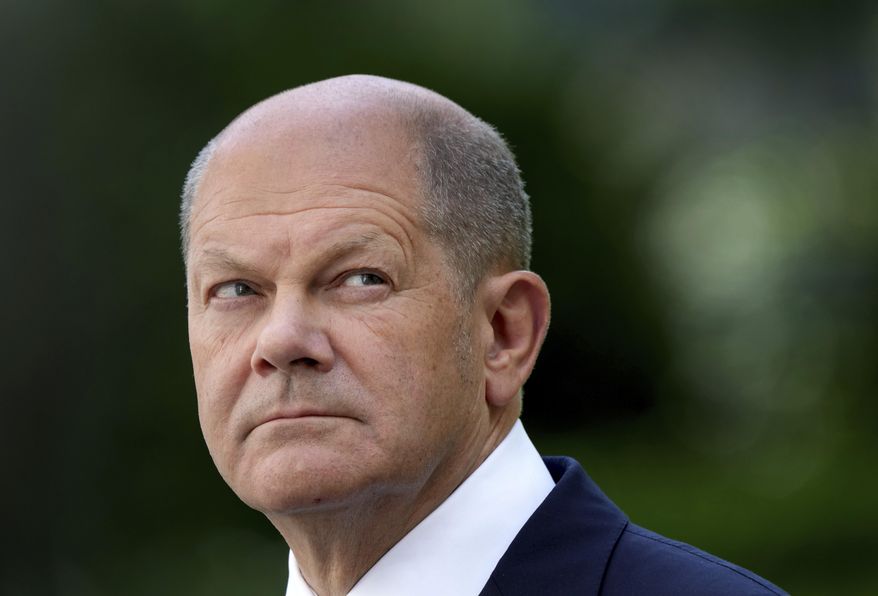 In this file photo, German Chancellor Olaf Scholz attends a press conference at the Chancellery in Berlin, Germany, Monday, July 4, 2022. (AP Photo/Michael Sohn,file) **FILE**
