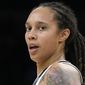 Phoenix Mercury center Brittney Griner during the first half of Game 2 of basketball&#39;s WNBA Finals against the Chicago Sky, Oct. 13, 2021, in Phoenix. (AP Photo/Rick Scuteri, File)