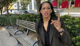Former prosecutor Brooke Jenkins talks about the upcoming recall of district attorney Chesa Boudin during an interview in San Francisco on May 26, 2022. (AP Photo/Haven Daley, File)