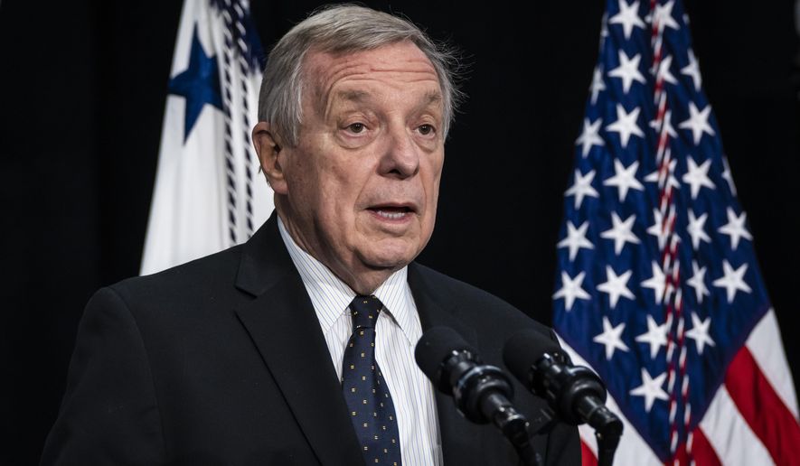 FILE - Sen. Richard Durbin speaks before Vice President Kamala Harris at the C.W. Avery Family YMCA in Plainfield, Ill., Friday, June 24, 2022. The chairman and ranking minority member of the Senate Judiciary Committee sent a letter to an advocacy group for minor leaguers asking questions about baseball&#39;s antitrust exemption. Sen. Richard Durbin, an Illinois Democrat who chairs the committee, and Charles Grassley, an Iowa Republican, sent the letter Tuesday, June 28, to Harry Marino, executive director of Advocates for Minor Leaguers.(Ashlee Rezin/Chicago Sun-Times via AP, File)