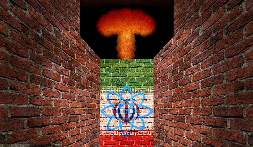 Illustration on the choices on Iran nuclear development by Alexander Hunter/The Washington Times