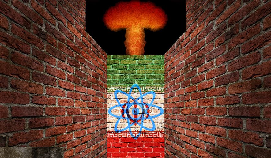 Illustration on the choices on Iran nuclear development by Alexander Hunter/The Washington Times