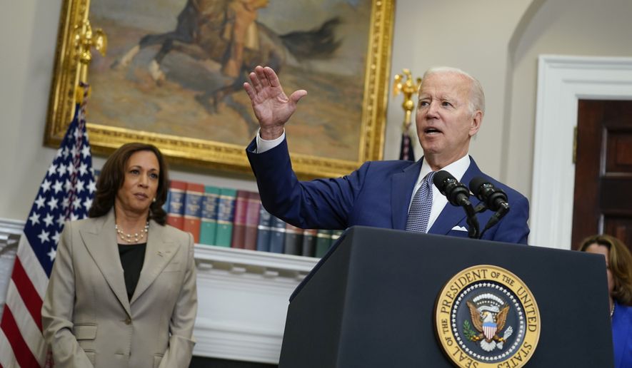 President Joe Biden speaks about abortion access during an event in the Roosevelt Room of the White House, Friday, July 8, 2022, in Washington. Vice President Kamala Harris looks on at left. (AP Photo/Evan Vucci) **FILE**