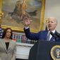 President Joe Biden speaks about abortion access during an event in the Roosevelt Room of the White House, Friday, July 8, 2022, in Washington. Vice President Kamala Harris looks on at left. (AP Photo/Evan Vucci) **FILE**