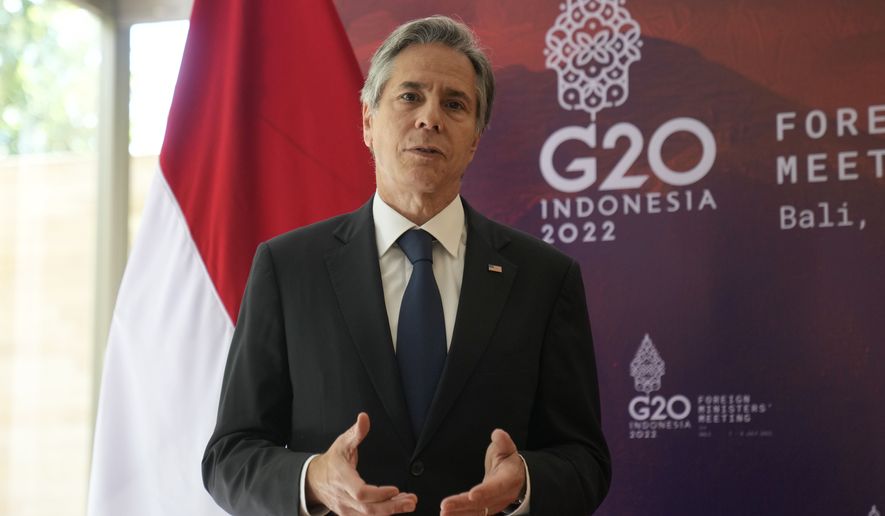 U.S. State Secretary Antony Blinken talks to the media as he attends a bilateral meeting with Indonesian Foreign Minister Retno Marsudi on the sidelines of the G2-0 Foreign Ministers&#39; Meeting in Nusa Dua, Bali, Indonesia, Friday, July 8, 2022. (AP Photo/Dita Alangkara, Pool)