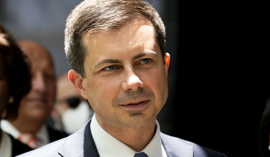 U.S. Secretary of Transportation Pete Buttigieg at the Expo/Crenshaw Station part of Metro&#x27;s Crenshaw/ LAX Transit Project in Los Angeles on Friday, July 8, 2022. (Keith Birmingham/The Orange County Register via AP)