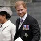 FILE - Prince Harry and his wife Meghan, Duchess of Sussex, depart after attending a service of thanksgiving for the reign of Queen Elizabeth II at St Paul&#39;s Cathedral in London, June 3, 2022. Prince Harry won the first stage of a libel suit against the publisher of Britain’s Mail on Sunday newspaper as a judge ruled Friday, July 8 that parts of a story about his fight for police protection in the U.K. were defamatory. (AP Photo/Alberto Pezzali, file)