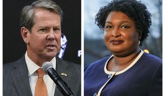 This combination of 2022 and 2021 file photos shows Georgia Gov. Brian Kemp, left, and gubernatorial Democratic candidate Stacey Abrams. Abrams announced Friday, July 8, 2022 that she had raised $22 million for her campaign in the two months ended June 30, far outdistancing the $6.8 million that Kemp raised during that time. (AP Photo/Brynn Anderson, File)