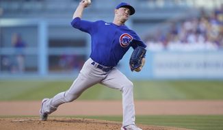 Chicago Cubs starting pitcher Keegan Thompson (71) throws during the first inning of a baseball game against the Los Angeles Dodgers in Los Angeles, Friday, July 8, 2022. (AP Photo/Ashley Landis)
