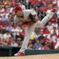 Philadelphia Phillies starting pitcher Kyle Gibson throws during the first inning of a baseball game against the St. Louis Cardinals Saturday, July 9, 2022, in St. Louis. (AP Photo/Jeff Roberson)