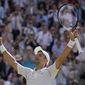 Serbia&#39;s Novak Djokovic celebrates after beating Australia&#39;s Nick Kyrgios to win the final of the men&#39;s singles on day fourteen of the Wimbledon tennis championships in London, Sunday, July 10, 2022. (AP Photo/Alastair Grant)