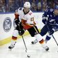 Calgary Flames left wing Johnny Gaudreau (13) carries the puck past Tampa Bay Lightning left wing Ondrej Palat (18) during the third period of an NHL hockey game, Jan. 11, 2018, in Tampa, Fla. Executives around the NHL expect plenty of movement before free agency opens Wednesday, July 13, 2022. Several top players including Gaudreau and Palat could still sign contracts prior to hitting the open market. (AP Photo/Chris O&#39;Meara, file) **FILE**
