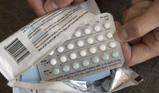 A one-month dosage of hormonal birth control pills is displayed in Sacramento, Calif., Aug. 26, 2016. A drug company is seeking U.S. approval for the first-ever birth control pill that women could buy without a prescription. The request from a French drugmaker sets up a high-stakes decision for the Food and Drug Administration amid the political fallout from the Supreme Court&#39;s recent decision overturning Roe v. Wade. (AP Photo/Rich Pedroncelli, File)