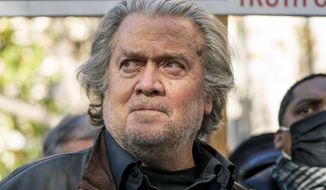 Former White House strategist Steve Bannon speaks with reporters after departing federal court on Nov. 15, 2021, in Washington. (AP Photo/Alex Brandon, File)