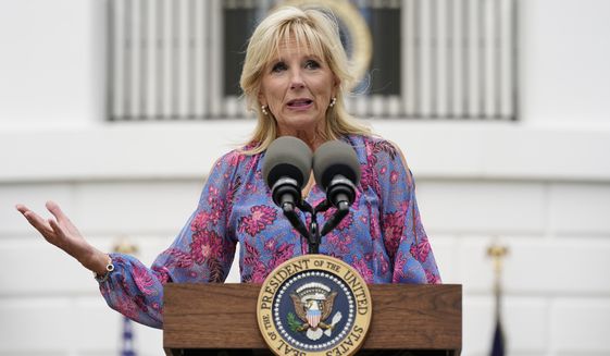 First lady Jill Biden speaks before introducing President Joe Biden at the White House Congressional Picnic on the South Lawn of the White House, Tuesday, July 12, 2022, in Washington. (AP Photo/Patrick Semansky)