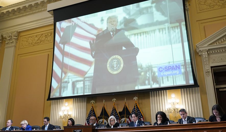 A video of then-President Donald Trump speaking is displayed as the House select committee investigating the Jan. 6 attack on the U.S. Capitol continues to reveal its findings of a year-long investigation, at the Capitol in Washington, Thursday, June 23, 2022. (AP Photo/J. Scott Applewhite)