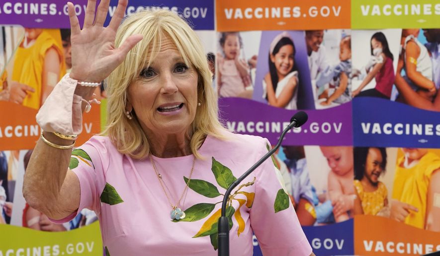 First lady Jill Biden waves as she speaks during a tour of a health facility, July 1, 2022, in Richmond, Va. Jill Biden is apologizing for saying Latinos are “as unique” as San Antonio breakfast tacos. Through a spokesperson, the first lady apologized Tuesday for “words that conveyed anything but pure admiration and love for the Latino community.”  Jill Biden was in San Antonio on Monday to address the annual conference of UnidosUS, a Latino civil rights and advocacy group. (AP Photo/Steve Helber, File)  **FILE**