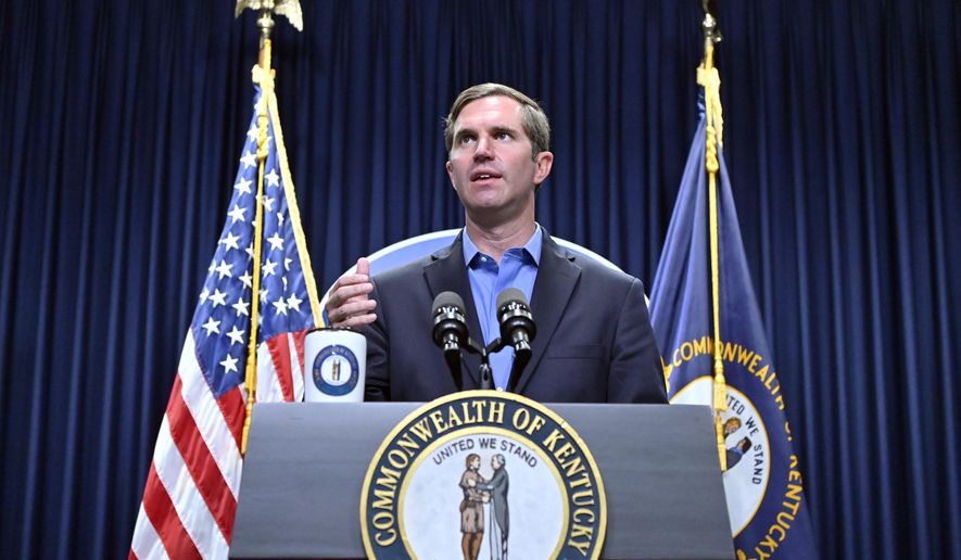 FILE - In this Sept. 7, 2021, file photo, Kentucky Gov. Andy Beshear speaks about the increases in COVID-19 cases in the state and the opening day of the Kentucky state Legislature special session in Frankfort, Ky. On Monday, July 11, 2022, a Kentucky judge struck down a measure that would have weakened Democratic Gov. Beshear&#39;s appointment authority over a key ethics commission, by shifting power to Republican officials to select a majority of the members. (AP Photo/Timothy D. Easley, File)