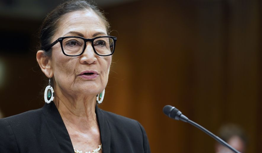 Interior Secretary Haaland speaks during a Senate Appropriations subcommittee hearing on the budget, Wednesday, July 13, 2022, on Capitol Hill in Washington. (AP Photo/Mariam Zuhaib)