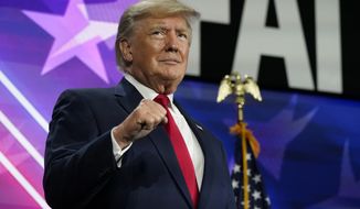 In this file photo, former President Donald Trump speaks at the Road to Majority conference June 17, 2022, in Nashville, Tenn. (AP Photo/Mark Humphrey, File)  **FILE**