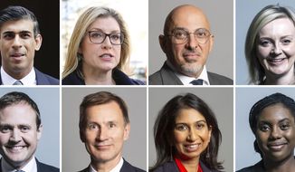 This undated handout photo from UK Parliament shows the candidates in the Conservative Party leadership race, top from left, Rishi Sunak, Penny Mordaunt, Nadhim Zahawi, and Liz Truss, bottom from left, Tom Tugendhat, Jeremy Hunt, Suella Braverman and Kemi Badenoch. The race to succeed Prime Minister Boris Johnson is being called Britain&#39;s most diverse political leadership campaign. Half of the eight contenders to replace Johnson as Conservative Party leader aren&#39;t white, and only two are white men. But if the contenders reflect the face of modern Britain, the winner will be chosen by an electorate that does not. (UK Parliament via AP)