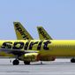 A line of Spirit Airlines jets sit on the tarmac at Orlando International Airport on May 20, 2020, in Orlando, Fla. (AP Photo/Chris O&#39;Meara, File)