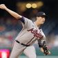 Atlanta Braves starting pitcher Kyle Wright throws to the Washington Nationals in the first inning of a baseball game, Thursday, July 14, 2022, in Washington. (AP Photo/Patrick Semansky)