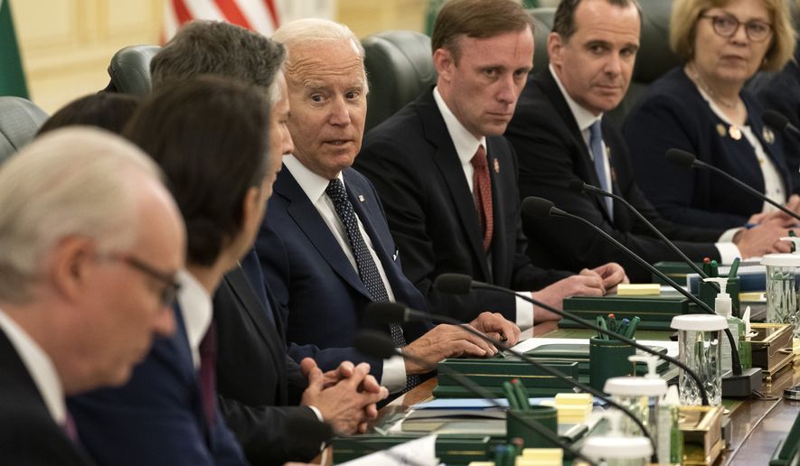 President Joe Biden speaks during a working session with Saudi Crown Prince Mohammed bin Salman at the Al Salman Royal Palace, Friday, July 15, 2022, in Jeddah. (AP Photo/Evan Vucci)