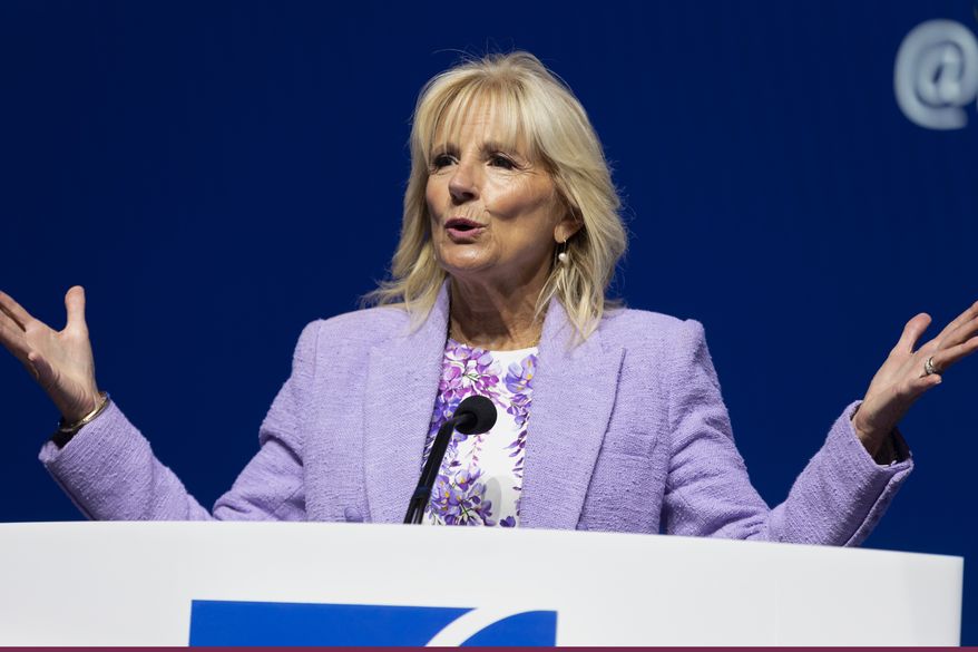 First lady Jill Biden speaks during the American Federation of Teachers convention, Friday, July 15, 2022, in Boston. (AP Photo/Michael Dwyer)