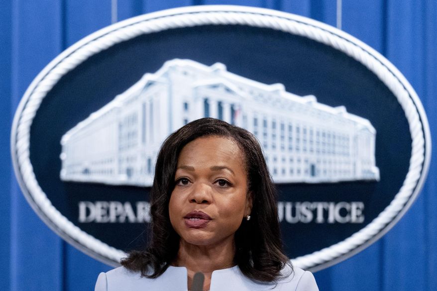 Assistant Attorney General for Civil Rights Kristen Clarke speaks at a news conference at the Department of Justice in Washington, on Aug. 5, 2021. The U.S. Justice Department has opened an investigation into the Maryland State Police to determine if the agency engaged in racially discriminatory hiring and promotion practices, federal prosecutors announced Friday, July 15, 2022. (AP Photo/Andrew Harnik, File)