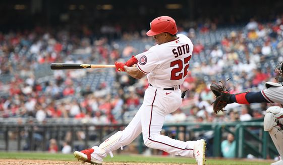Washington Nationals right fielder Juan Soto (22) hitting a home run during the 8th inning in a game against the Atlanta Braves at Nationals Park in Washington D.C., July 17, 2022. (Photo by All-Pro Reels)
